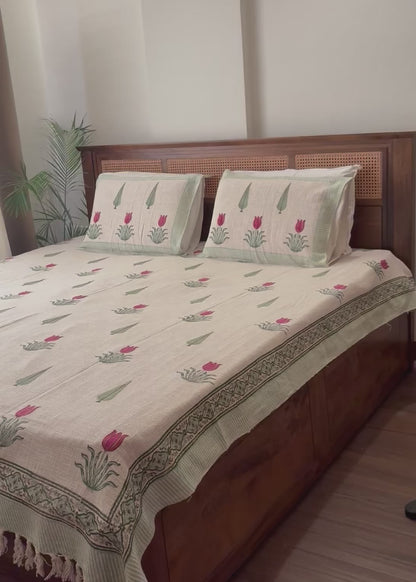 Tulip Hand Block Printed Soft Jute Bedsheet Set