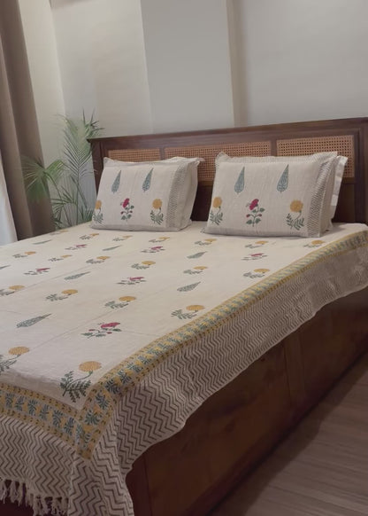 Marigold Hand Block Printed Soft Jute Bedsheet Set