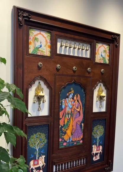 Madhav Milan - Radha Krishna Indian Wall Art Framed in Teakwood with Brass Diyas & Bells
