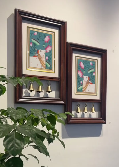 Kamdhenu Krupa | Hand-Painted Pichwai Teak Wood Wall Frame with Brass Bells - Teal