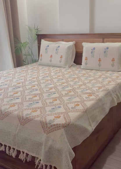 Bageecha Hand Block Printed Soft Jute Bedsheet Set
