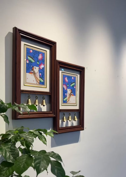 Kamdhenu Krupa | Hand-Painted Pichwai Teak Wood Wall Frame with Brass Bells – Indigo